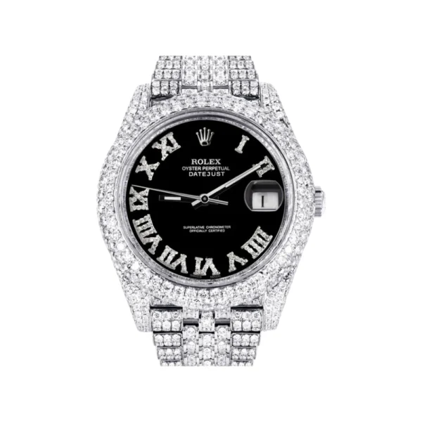Womens Diamond Iced Out Rolex Datejust 25 Carats Of Diamonds Custom Black Roman Numeral Diamond Dial Two Row Jubilee Band Replica
