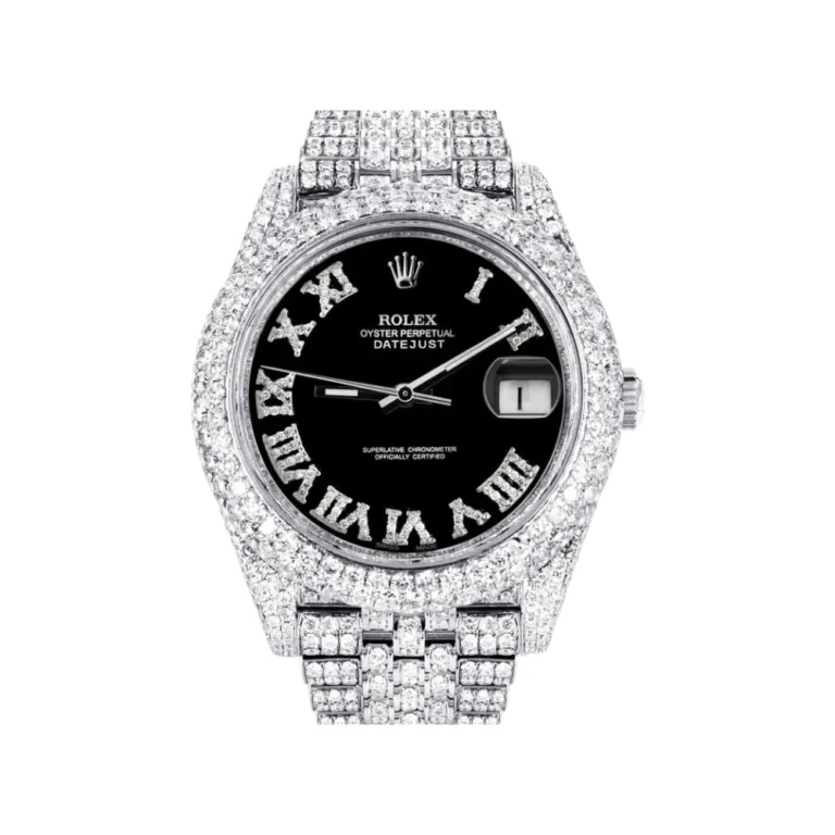 Womens Diamond Iced Out Rolex Datejust 25 Carats Of Diamonds Custom Black Roman Numeral Diamond Dial Two Row Jubilee Band Replica