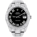 Womens Diamond Iced Out Rolex Datejust 25 Carats Of Diamonds Custom Black Roman Numeral Diamond Dial Two Row Oyster Band Replica