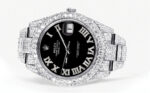 Womens Diamond Iced Out Rolex Datejust 25 Carats Of Diamonds Custom Black Roman Numeral Diamond Dial Two Row Oyster Band Replica