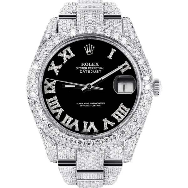 Womens Diamond Iced Out Rolex Datejust 25 Carats Of Diamonds Custom Black Roman Numeral Diamond Dial Two Row Oyster Band Replica