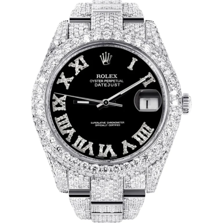 Womens Diamond Iced Out Rolex Datejust 25 Carats Of Diamonds Custom Black Roman Numeral Diamond Dial Two Row Oyster Band Replica