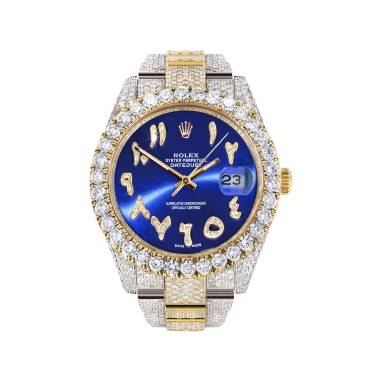 Womens Diamond Iced Out Rolex Datejust 25 Carats Of Diamonds Custom Blue Arabic Numeral Diamond Dial Two Row Replica