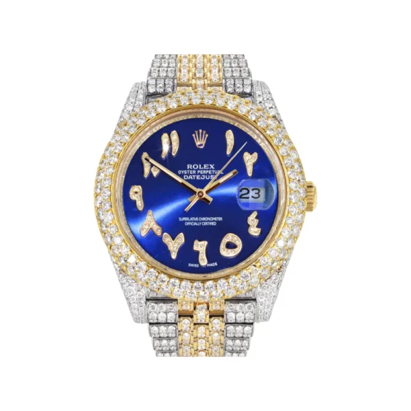 Womens Diamond Iced Out Rolex Datejust 25 Carats Of Diamonds Custom Blue Arabic Numeral Diamond Dial Replica