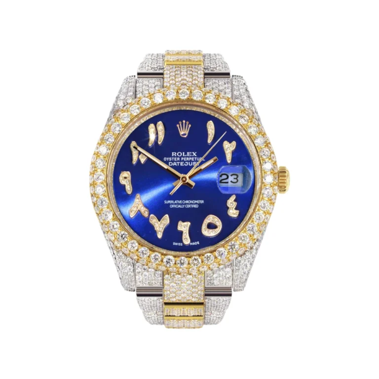 Womens Diamond Iced Out Rolex Datejust 25 Carats Of Diamonds Custom Blue Arabic Numeral Diamond Dial Replica