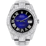 Womens Diamond Iced Out Rolex Datejust 25 Carats Of Diamonds Custom Blue Black Roman Numeral Diamond Dial Replica