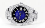 Womens Diamond Iced Out Rolex Datejust 25 Carats Of Diamonds Custom Blue Black Roman Numeral Diamond Dial Replica