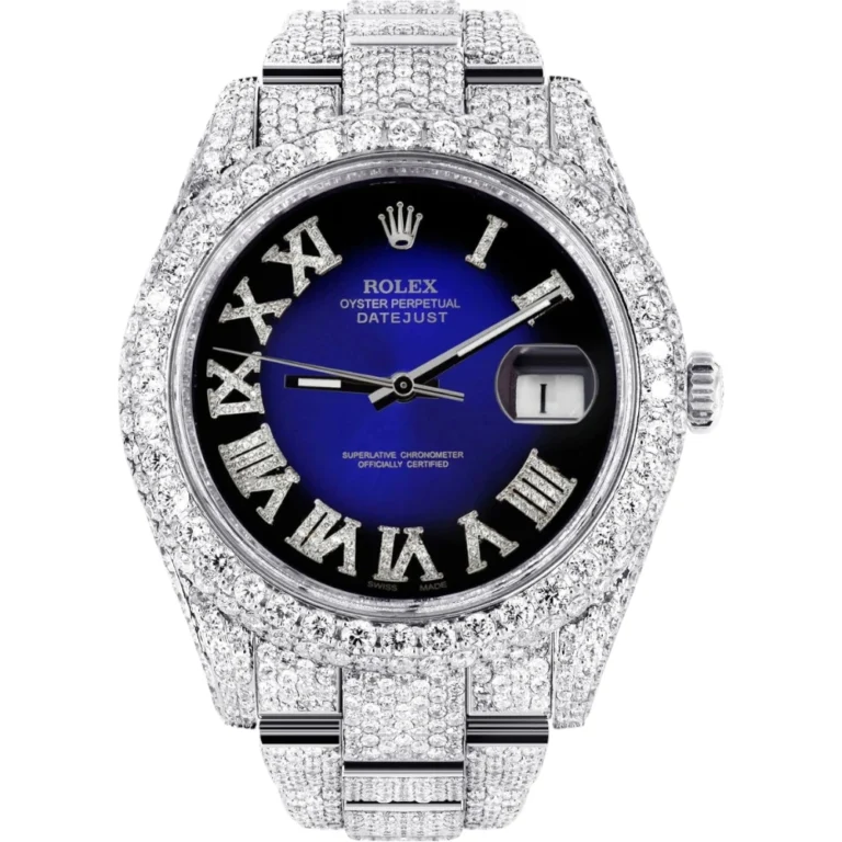 Womens Diamond Iced Out Rolex Datejust 25 Carats Of Diamonds Custom Blue Black Roman Numeral Diamond Dial Replica