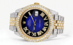 Womens Diamond Iced Out Rolex Datejust 25 Carats Of Diamonds Custom Blue Black Roman Numeral Diamond Dial Replica