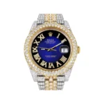 Womens Diamond Iced Out Rolex Datejust 25 Carats Of Diamonds Custom Blue Black Roman Numeral Diamond Dial Replica