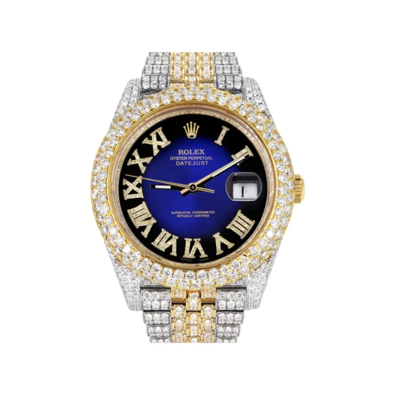 Womens Diamond Iced Out Rolex Datejust 25 Carats Of Diamonds Custom Blue Black Roman Numeral Diamond Dial Replica