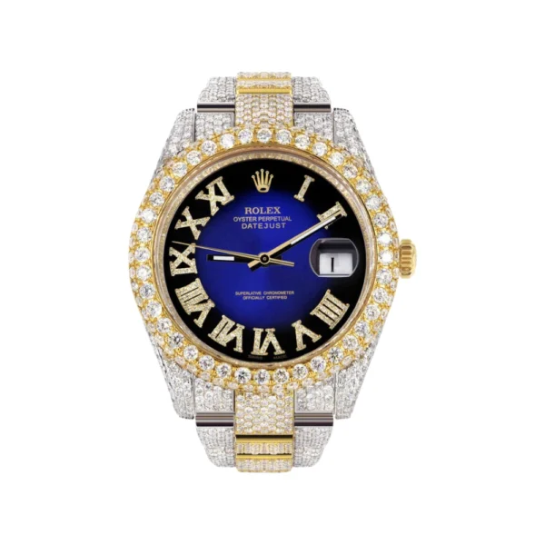 Womens Diamond Iced Out Rolex Datejust 25 Carats Of Diamonds Custom Blue Black Roman Numeral Diamond Replica