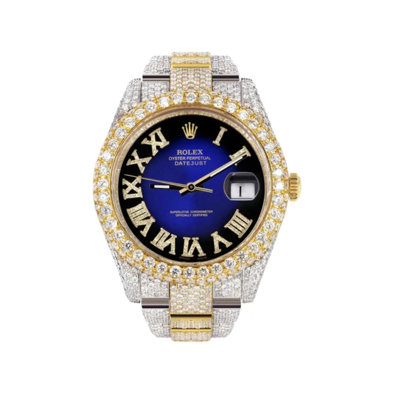 Womens Diamond Iced Out Rolex Datejust 25 Carats Of Diamonds Custom Blue Black Roman Numeral Diamond Replica