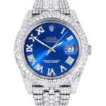 Womens Diamond Iced Out Rolex Datejust 25 Carats Of Diamonds Custom Blue Roman Numeral Diamond Dial Two Row Jubilee Band Replica