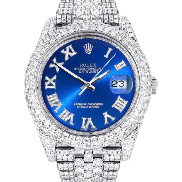 Womens Diamond Iced Out Rolex Datejust 25 Carats Of Diamonds Custom Blue Roman Numeral Diamond Dial Two Row Jubilee Band Replica