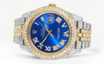 Womens Diamond Iced Out Rolex Datejust 25 Carats Of Diamonds Custom Blue Roman Numeral Diamond Replica