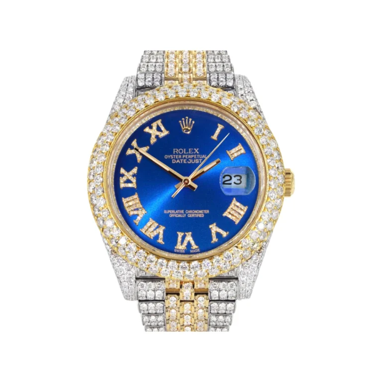 Womens Diamond Iced Out Rolex Datejust 25 Carats Of Diamonds Custom Blue Roman Numeral Diamond Replica