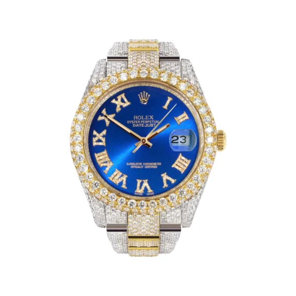 Womens Diamond Iced Out Rolex Datejust 25 Carats Of Diamonds Custom Blue Roman Numeral Diamond Dial Replica