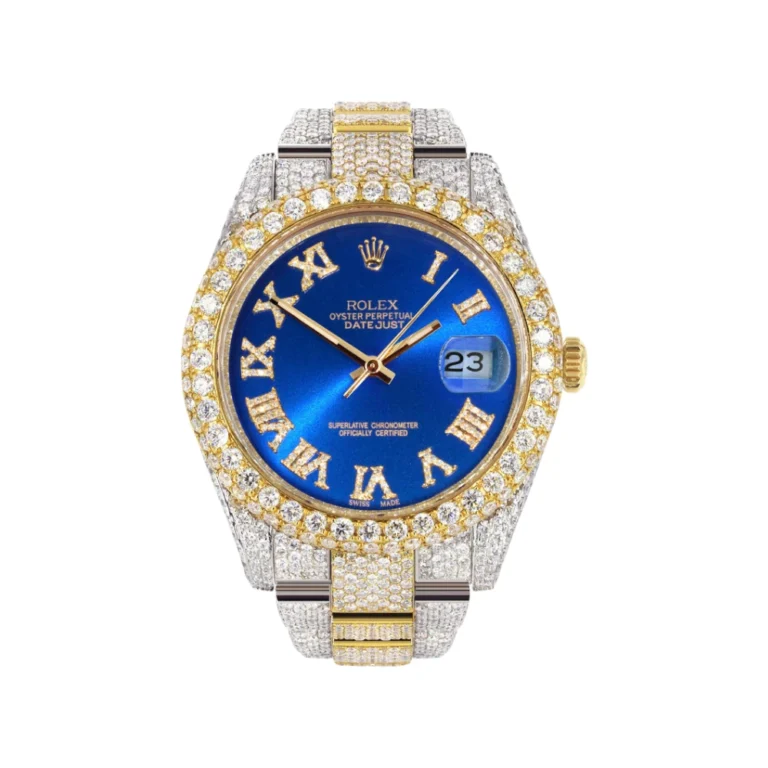 Womens Diamond Iced Out Rolex Datejust 25 Carats Of Diamonds Custom Blue Roman Numeral Diamond Dial Replica