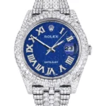 Womens Diamond Iced Out Rolex Datejust 25 Carats Of Diamonds Custom Blue Text Pattern Dial Two Row Jubilee Band Replica