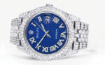 Womens Diamond Iced Out Rolex Datejust 25 Carats Of Diamonds Custom Blue Text Pattern Dial Two Row Jubilee Band Replica