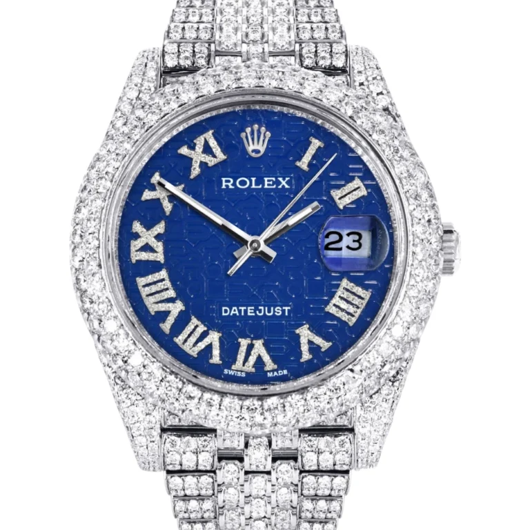 Womens Diamond Iced Out Rolex Datejust 25 Carats Of Diamonds Custom Blue Text Pattern Dial Two Row Jubilee Band Replica