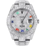 Womens Diamond Iced Out Rolex Datejust 25 Carats Of Diamonds Custom Color Roman Dial Two Row Oyster Band Replica