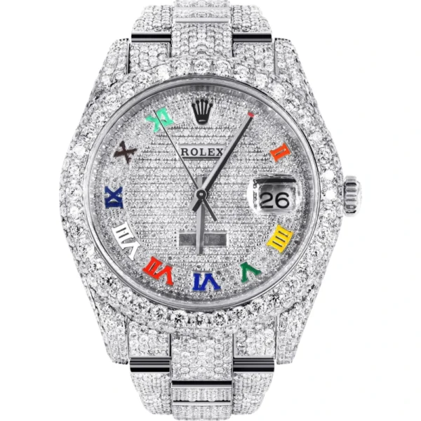Womens Diamond Iced Out Rolex Datejust 25 Carats Of Diamonds Custom Color Roman Dial Two Row Oyster Band Replica