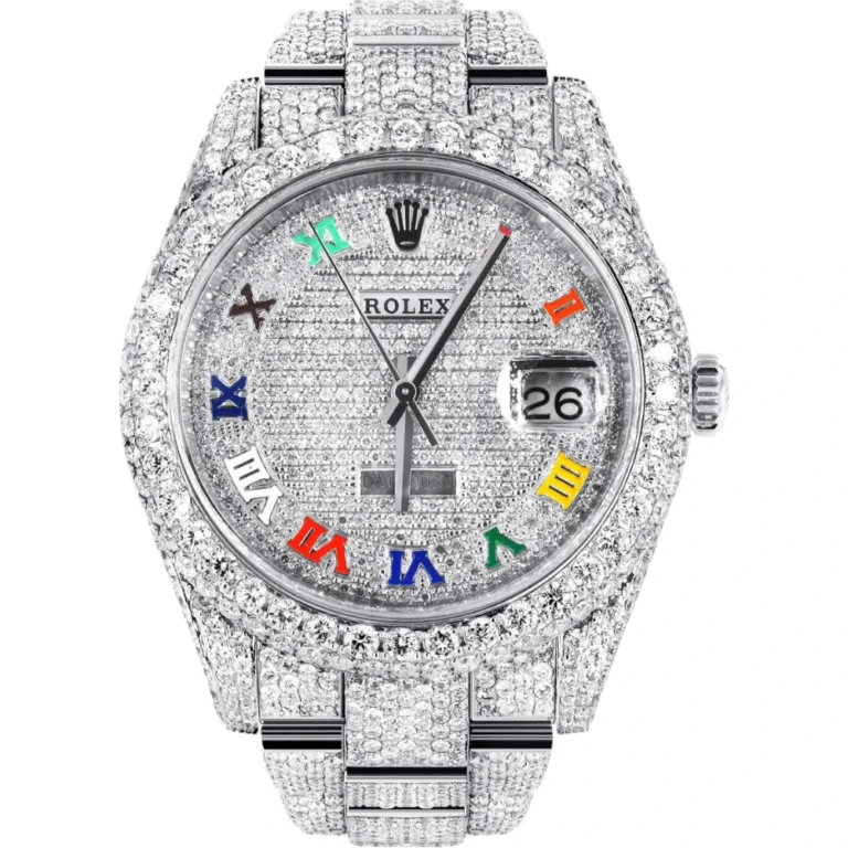 Womens Diamond Iced Out Rolex Datejust 25 Carats Of Diamonds Custom Color Roman Dial Two Row Oyster Band Replica