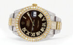 Womens Diamond Iced Out Rolex Datejust 25 Carats Of Diamonds Custom Dark Brown Roman Numeral Diamond Dial Replica