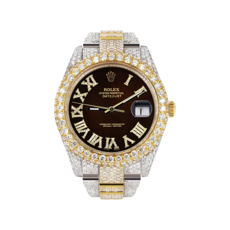 Womens Diamond Iced Out Rolex Datejust 25 Carats Of Diamonds Custom Dark Brown Roman Numeral Diamond Dial Replica