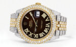 Womens Diamond Iced Out Rolex Datejust 25 Carats Of Diamonds Custom Dark Chocolate Roman Numeral Diamond Dial Replica