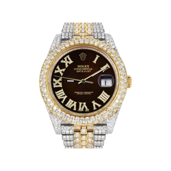 Womens Diamond Iced Out Rolex Datejust 25 Carats Of Diamonds Custom Dark Chocolate Roman Numeral Diamond Dial Replica
