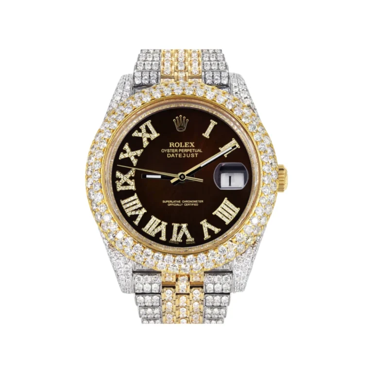 Womens Diamond Iced Out Rolex Datejust 25 Carats Of Diamonds Custom Dark Chocolate Roman Numeral Diamond Dial Replica
