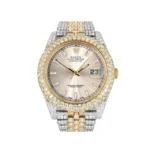 Womens Diamond Iced Out Rolex Datejust  25 Carats Of Diamonds Custom Dawn Pink Dial Two Tone Two Row Replica