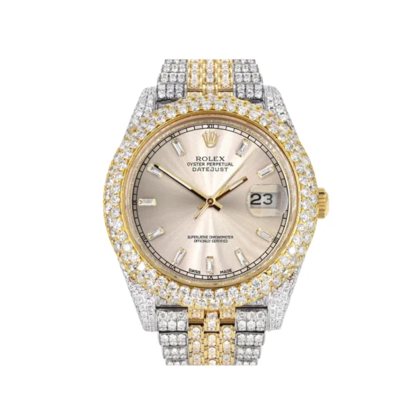 Womens Diamond Iced Out Rolex Datejust  25 Carats Of Diamonds Custom Dawn Pink Dial Two Tone Two Row Replica