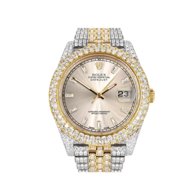 Womens Diamond Iced Out Rolex Datejust  25 Carats Of Diamonds Custom Dawn Pink Dial Two Tone Two Row Replica