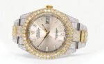 Womens Diamond Iced Out Rolex Datejust 25 Carats Of Diamonds Custom Dawn Pink Dial Two Tone Two Row Replica