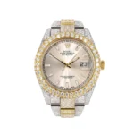 Womens Diamond Iced Out Rolex Datejust 25 Carats Of Diamonds Custom Dawn Pink Dial Two Tone Two Row Replica