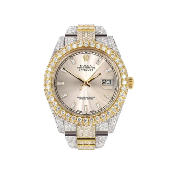 Womens Diamond Iced Out Rolex Datejust 25 Carats Of Diamonds Custom Dawn Pink Dial Two Tone Two Row Replica