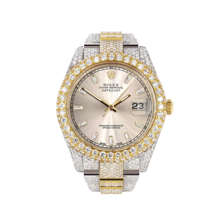 Womens Diamond Iced Out Rolex Datejust 25 Carats Of Diamonds Custom Dawn Pink Dial Two Tone Two Row Replica