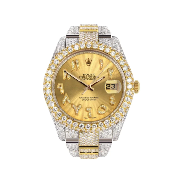 Womens Diamond Iced Out Rolex Datejust 25 Carats Of Diamonds Custom Gold Arabic Numeral Diamond Dial Replica