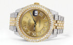 Womens Diamond Iced Out Rolex Datejust 25 Carats Of Diamonds Custom Gold Roman Numeral Diamond Dial Replica