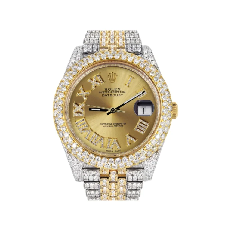 Womens Diamond Iced Out Rolex Datejust 25 Carats Of Diamonds Custom Gold Roman Numeral Diamond Dial Replica