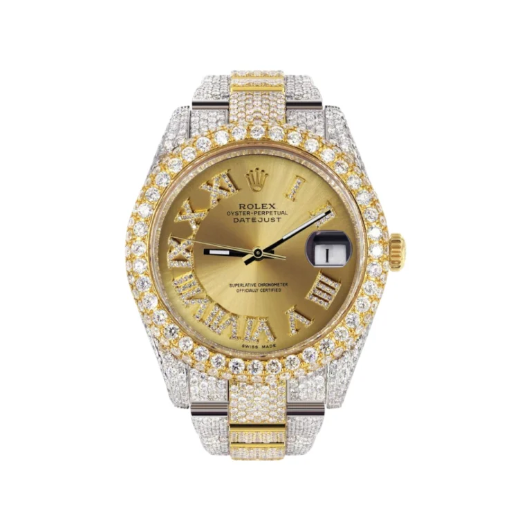 Womens Diamond Iced Out Rolex Datejust 25 Carats Of Diamonds Custom Gold Roman Numeral Diamond Dial Replica
