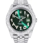 Womens Diamond Iced Out Rolex Datejust 25 Carats Of Diamonds Custom Green Arabic Numeral Diamond Dial Two Row Jubilee Band Replica