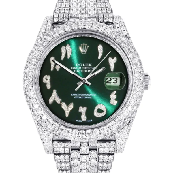 Womens Diamond Iced Out Rolex Datejust 25 Carats Of Diamonds Custom Green Arabic Numeral Diamond Dial Two Row Jubilee Band Replica