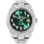 Womens Diamond Iced Out Rolex Datejust 25 Carats Of Diamonds Custom Green Arabic Numeral Diamond Dial Two Row Oyster Band Replica