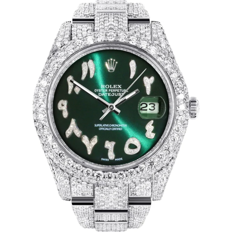 Womens Diamond Iced Out Rolex Datejust 25 Carats Of Diamonds Custom Green Arabic Numeral Diamond Dial Two Row Oyster Band Replica