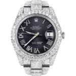 Womens Diamond Iced Out Rolex Datejust 25 Carats Of Diamonds Custom Grey Roman Numeral Diamond Dial Two Row Oyster Band Replica